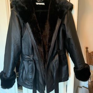 Wilsons Leather Belted Hooded Black Jacket Large NWOT
